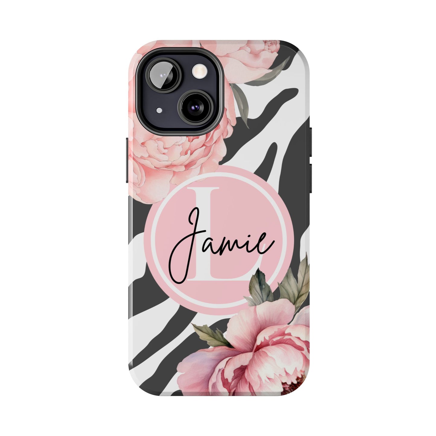 Custom pink floral, zebra print personalized iPhone case. Compatible with iPhone models 11, 12, 13, 14, 15 including all mini, plus, pro & pro max