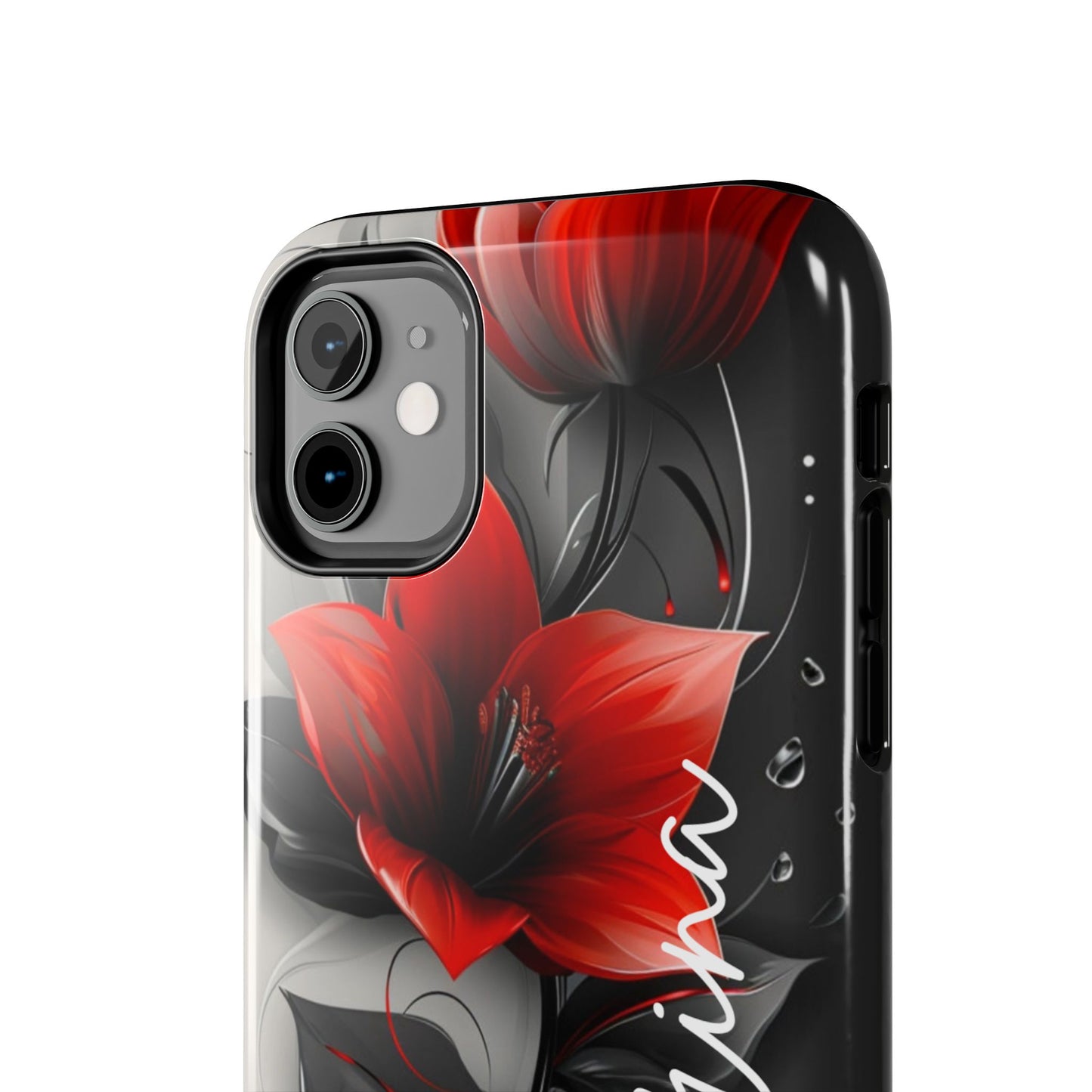 Beautiful red & black floral personalized name iPhone case. Compatible with iPhone models 11-15 including all mini, plus, pro & pro max. Custom phone case for smartphones. design for Girls, Woman