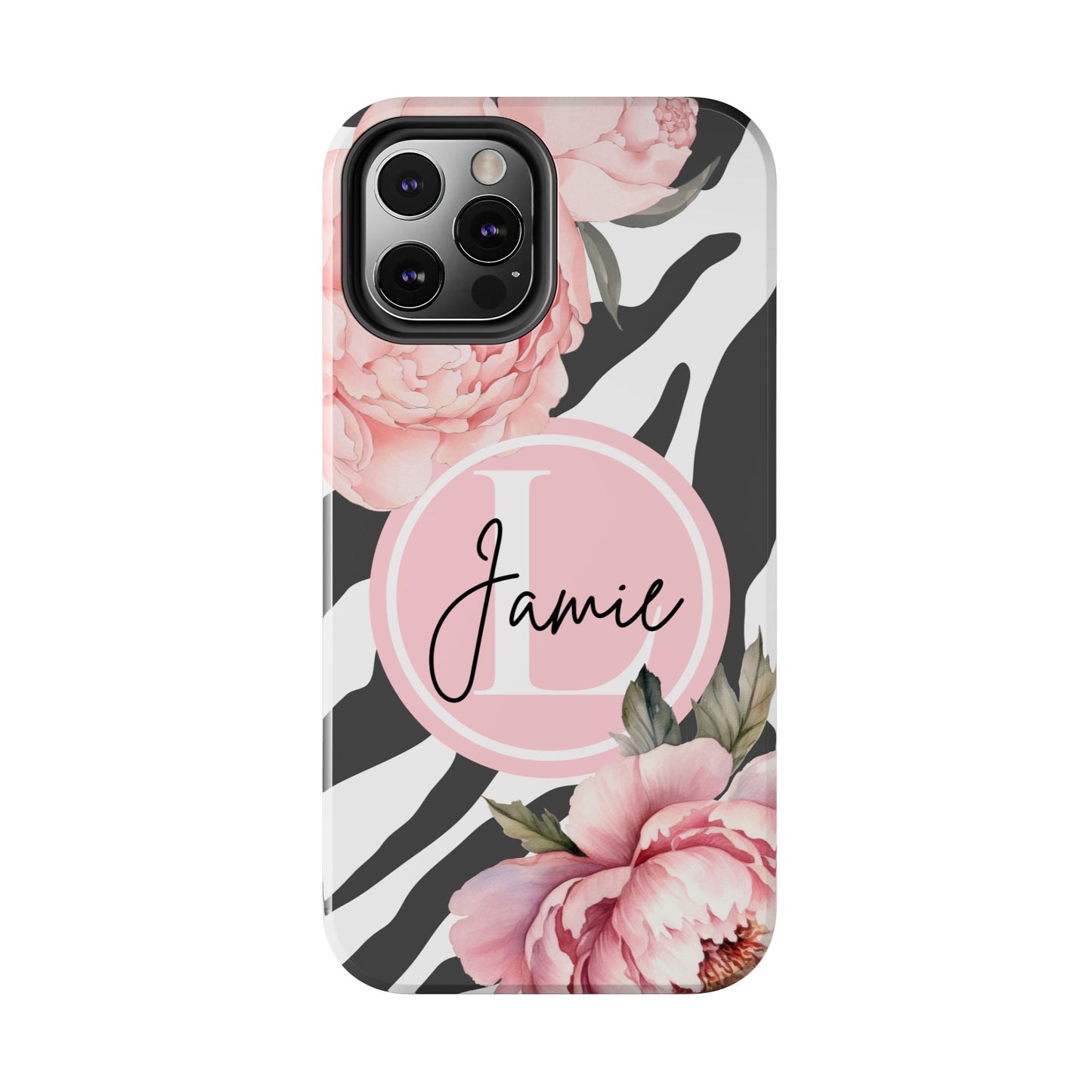 Custom pink floral, zebra print personalized iPhone case. Compatible with iPhone models 11, 12, 13, 14, 15 including all mini, plus, pro & pro max