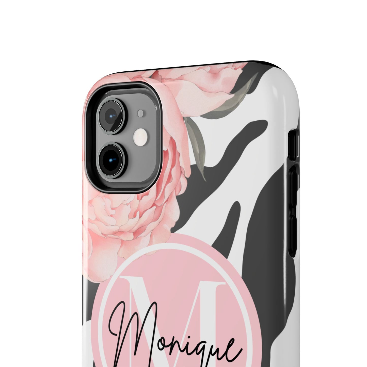 Custom pink floral, zebra print personalized iPhone case. Compatible with iPhone models 11, 12, 13, 14, 15 including all mini, plus, pro & pro max