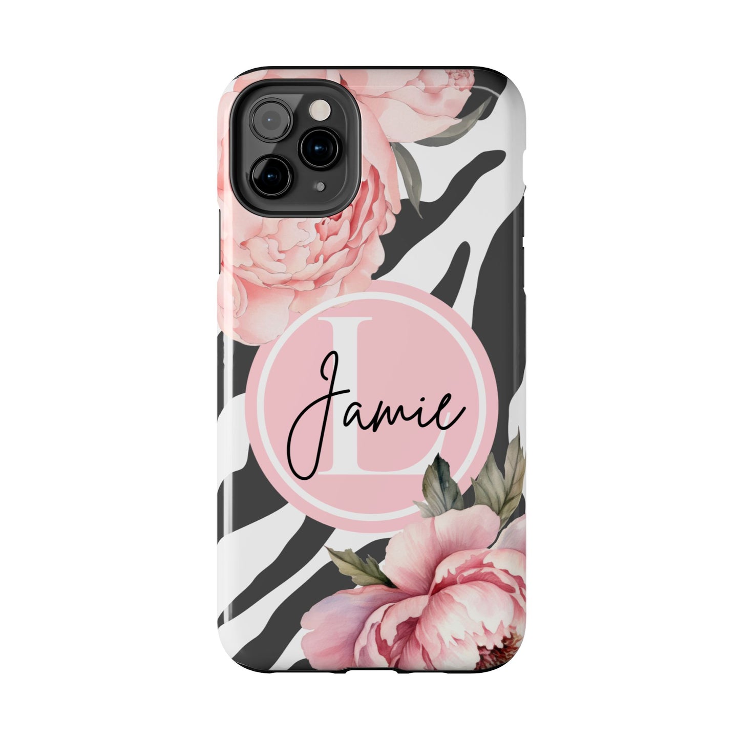 Custom pink floral, zebra print personalized iPhone case. Compatible with iPhone models 11, 12, 13, 14, 15 including all mini, plus, pro & pro max