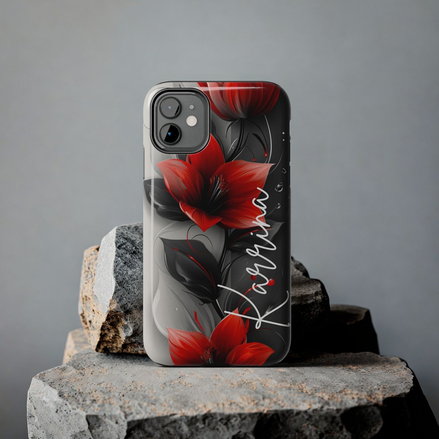 Beautiful red & black floral personalized name iPhone case. Compatible with iPhone models 11-15 including all mini, plus, pro & pro max. Custom phone case for smartphones. design for Girls, Woman