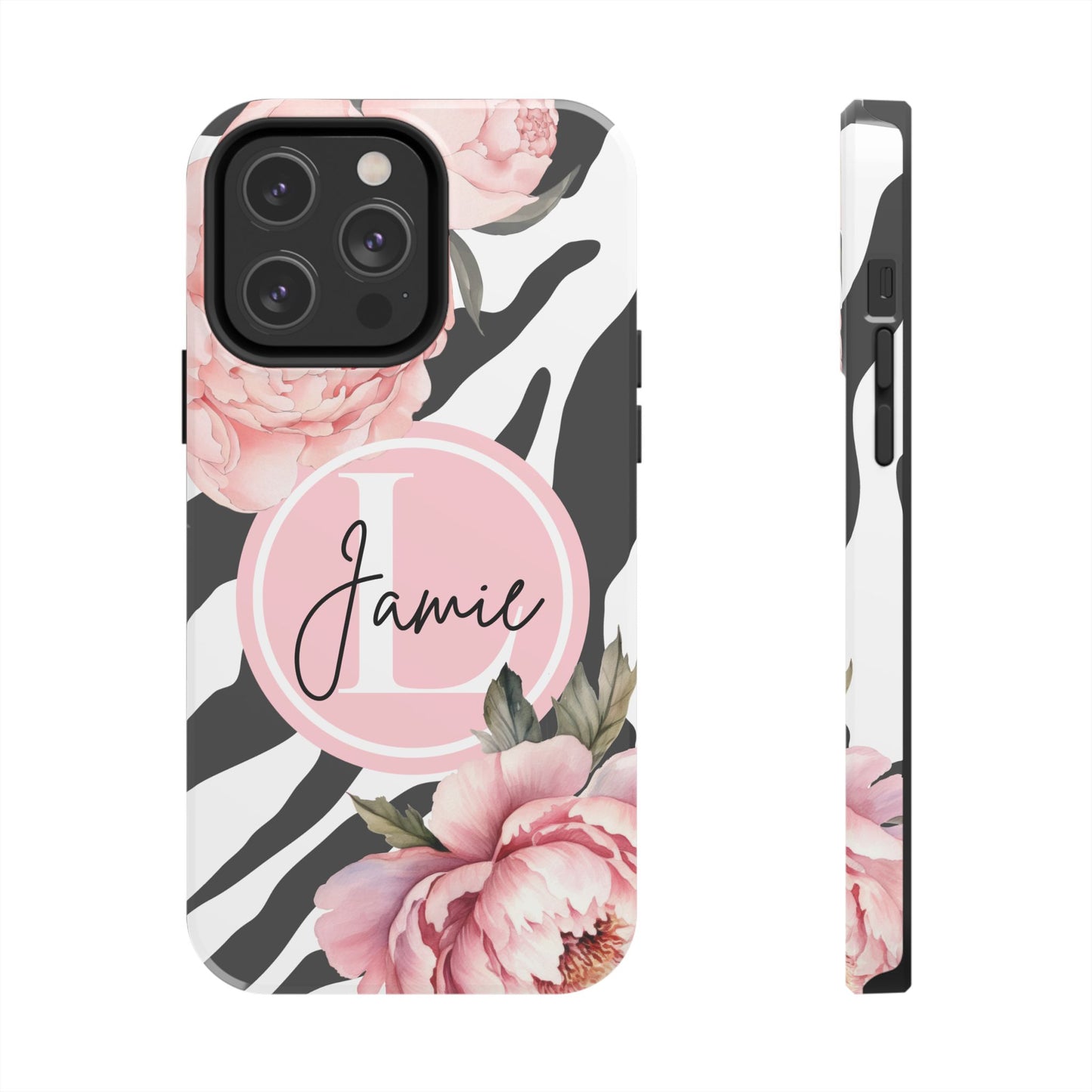 Custom pink floral, zebra print personalized iPhone case. Compatible with iPhone models 11, 12, 13, 14, 15 including all mini, plus, pro & pro max