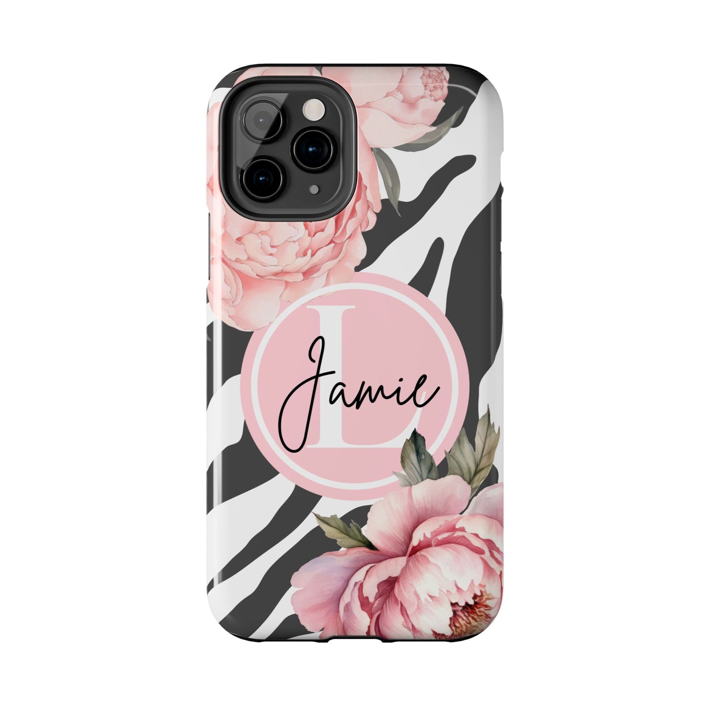Custom pink floral, zebra print personalized iPhone case. Compatible with iPhone models 11, 12, 13, 14, 15 including all mini, plus, pro & pro max