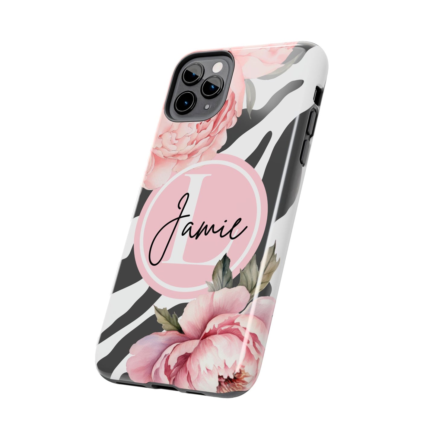 Custom pink floral, zebra print personalized iPhone case. Compatible with iPhone models 11, 12, 13, 14, 15 including all mini, plus, pro & pro max