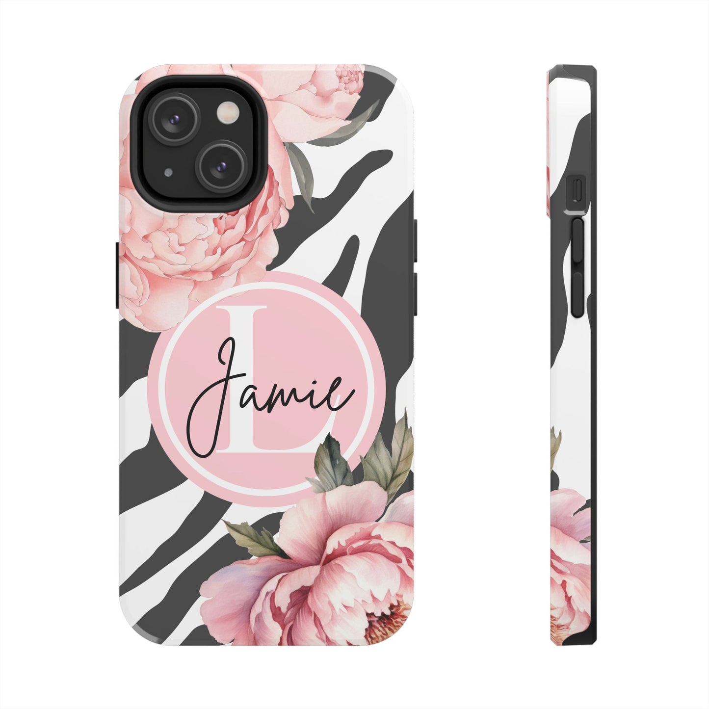 Custom pink floral, zebra print personalized iPhone case. Compatible with iPhone models 11, 12, 13, 14, 15 including all mini, plus, pro & pro max