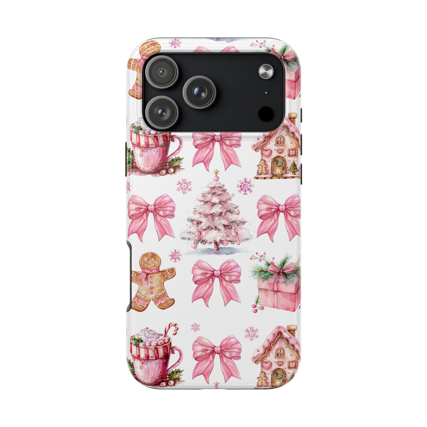 Phone case with Christmas-themed design featuring bows, trees, and gingerbread men on a white background.