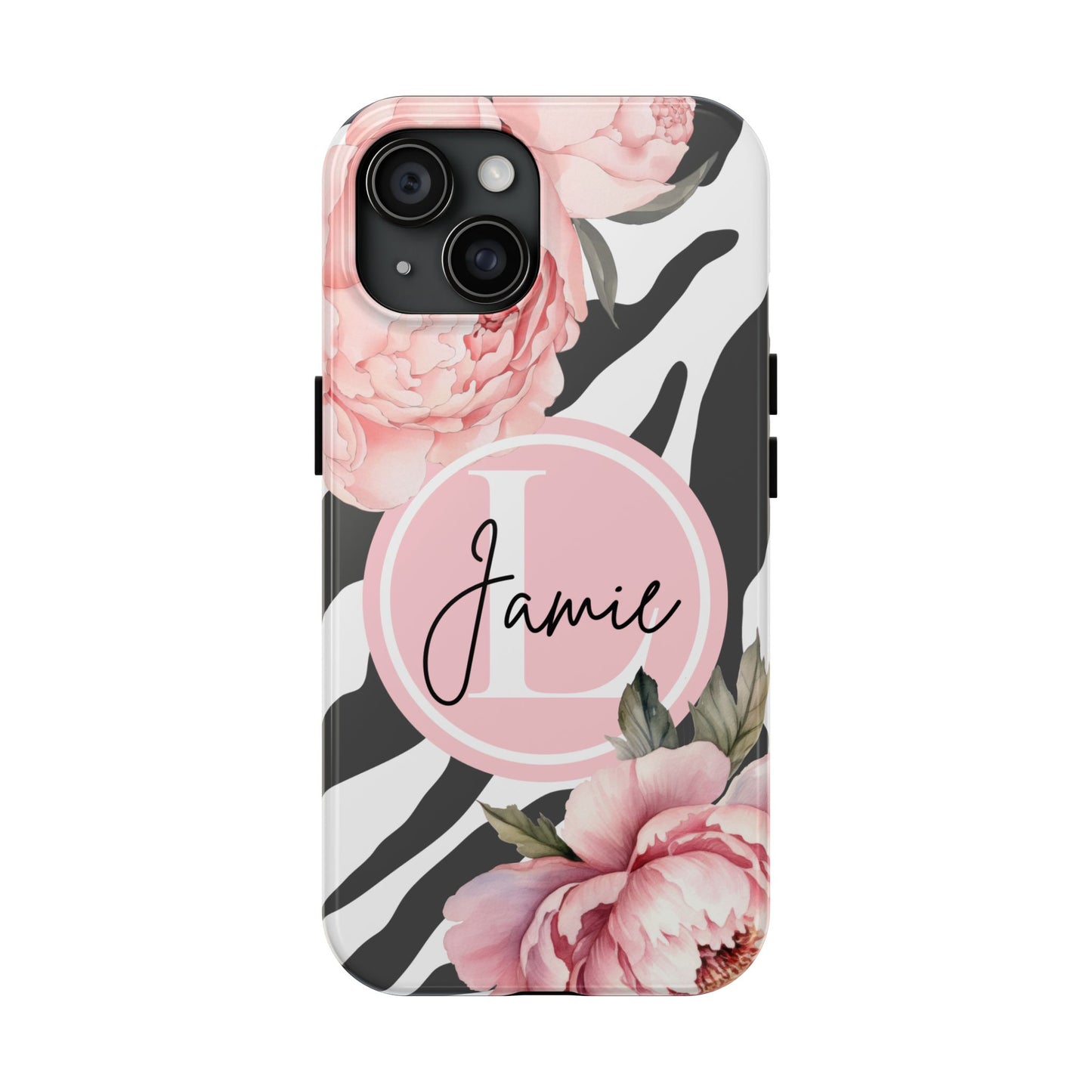 Custom pink floral, zebra print personalized iPhone case. Compatible with iPhone models 11, 12, 13, 14, 15 including all mini, plus, pro & pro max