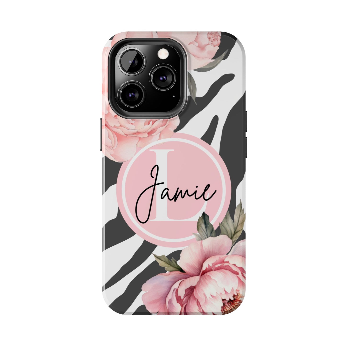 Custom pink floral, zebra print personalized iPhone case. Compatible with iPhone models 11, 12, 13, 14, 15 including all mini, plus, pro & pro max