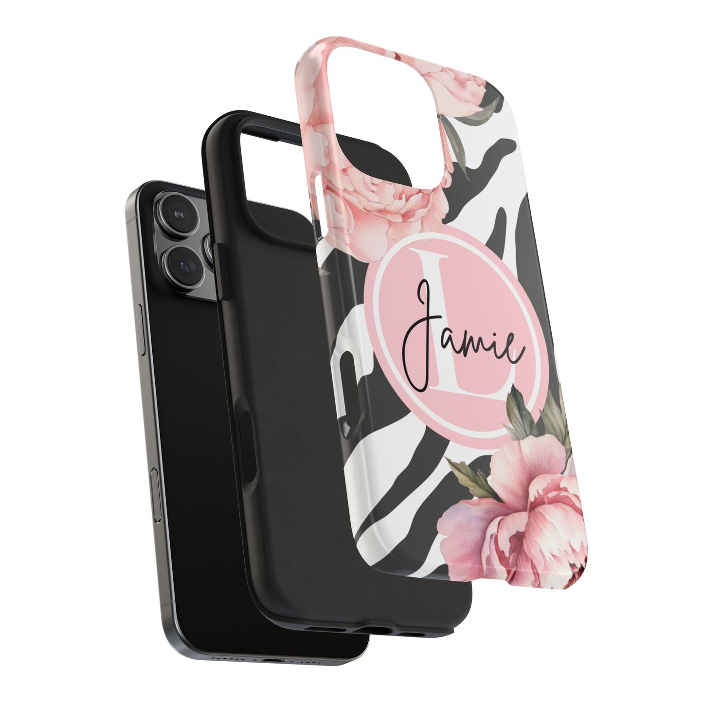 Custom pink floral, zebra print personalized iPhone case. Compatible with iPhone models 11, 12, 13, 14, 15 including all mini, plus, pro & pro max
