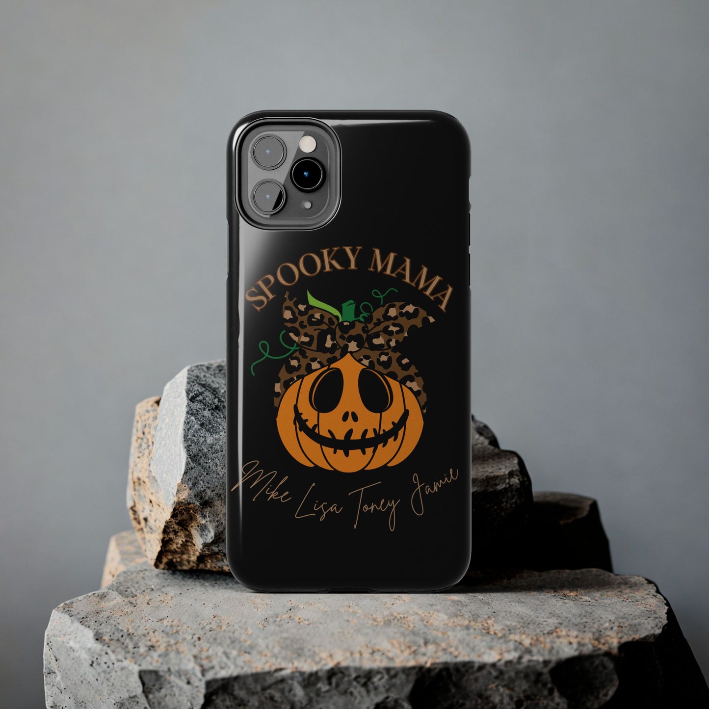 Custom Halloween Spooky Mama personalized iPhone case. Compatible with iPhone models 11, 12, 13, 14, 15 including all mini, plus, pro & pro max