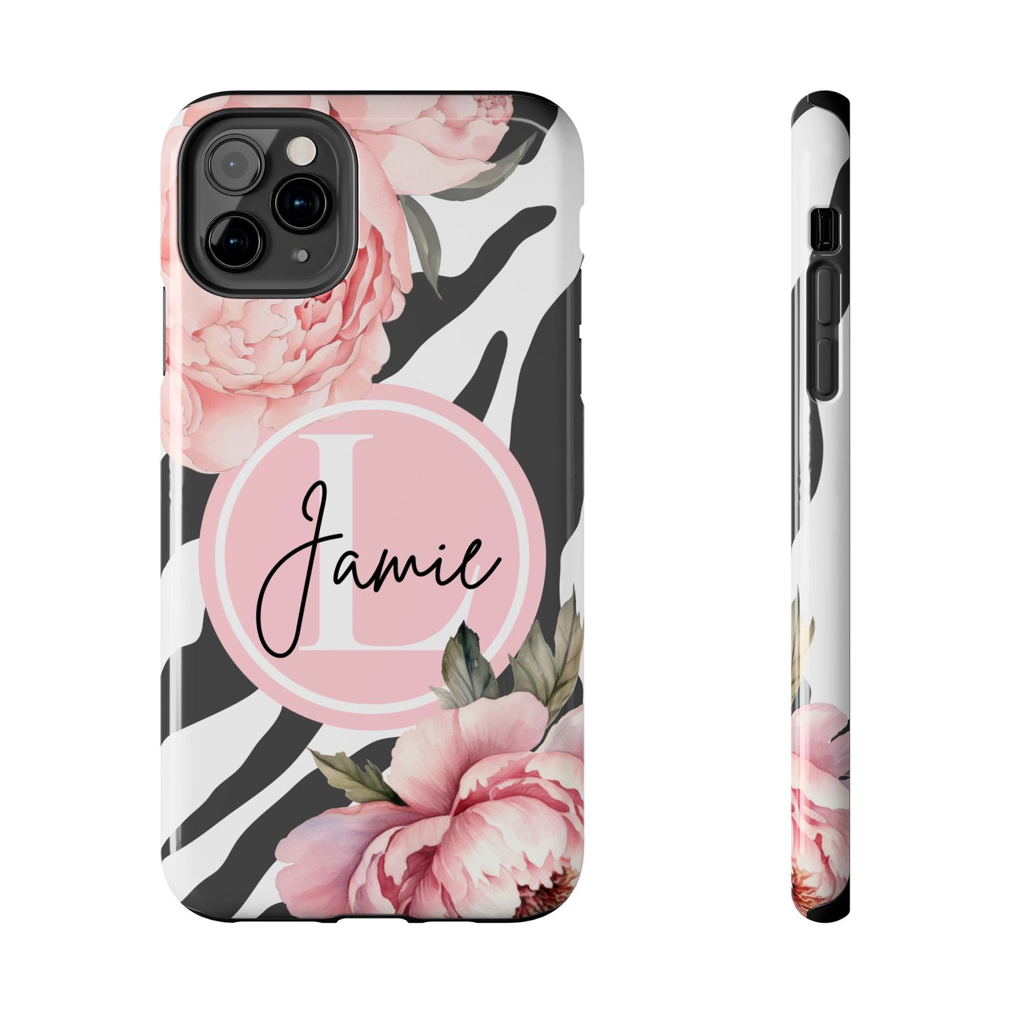 Custom pink floral, zebra print personalized iPhone case. Compatible with iPhone models 11, 12, 13, 14, 15 including all mini, plus, pro & pro max
