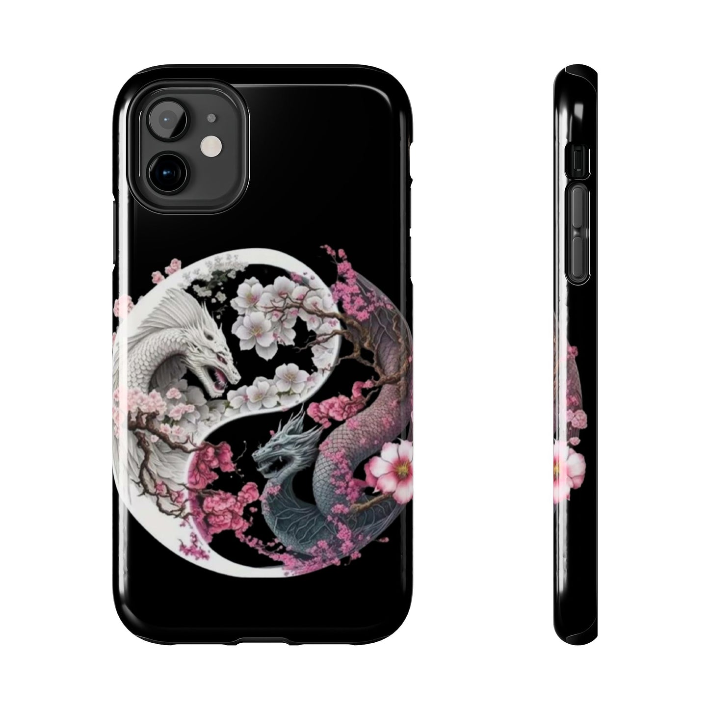 Floral dragons iPhone case. Compatible with iPhone models 11, 12, 13, 14, 15 including all mini, plus, pro & pro max