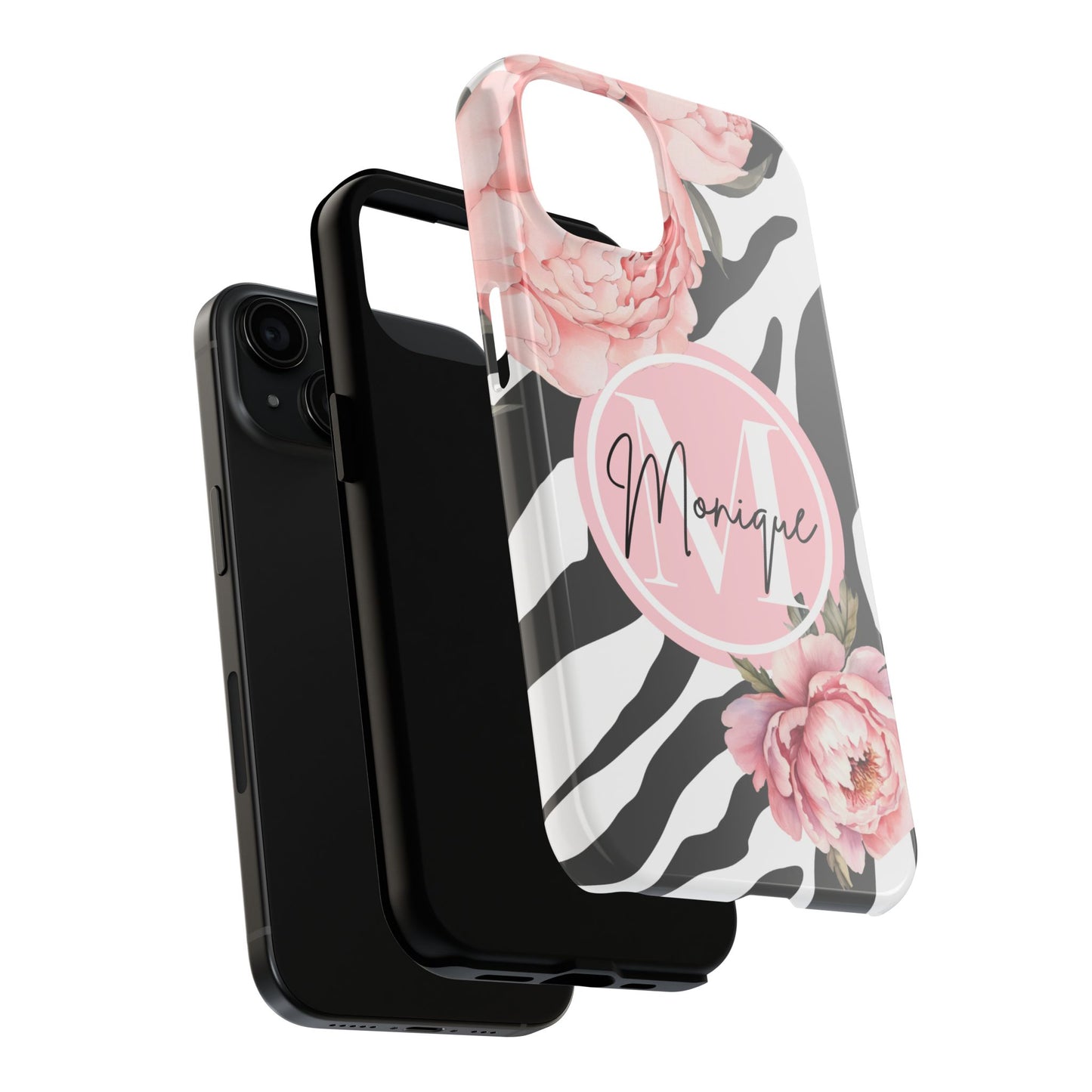 Custom pink floral, zebra print personalized iPhone case. Compatible with iPhone models 11, 12, 13, 14, 15 including all mini, plus, pro & pro max