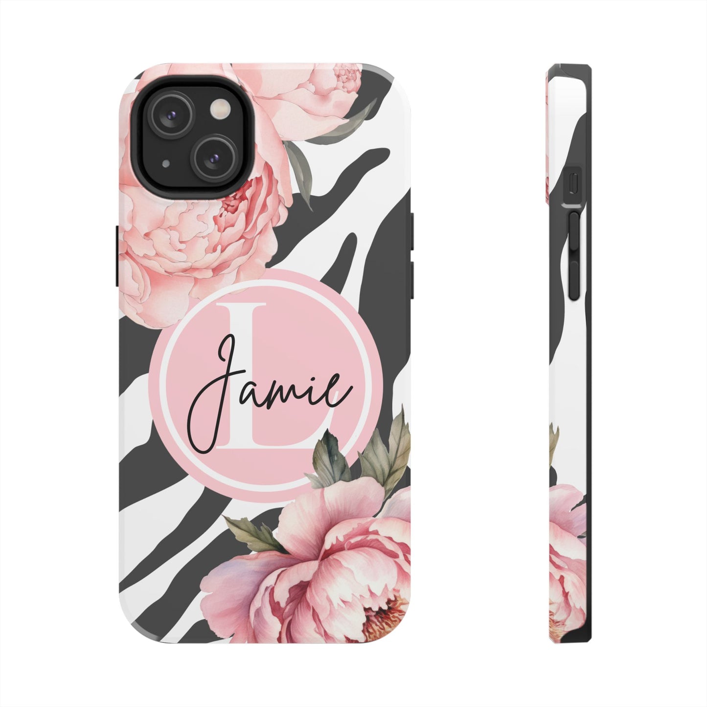 Custom pink floral, zebra print personalized iPhone case. Compatible with iPhone models 11, 12, 13, 14, 15 including all mini, plus, pro & pro max