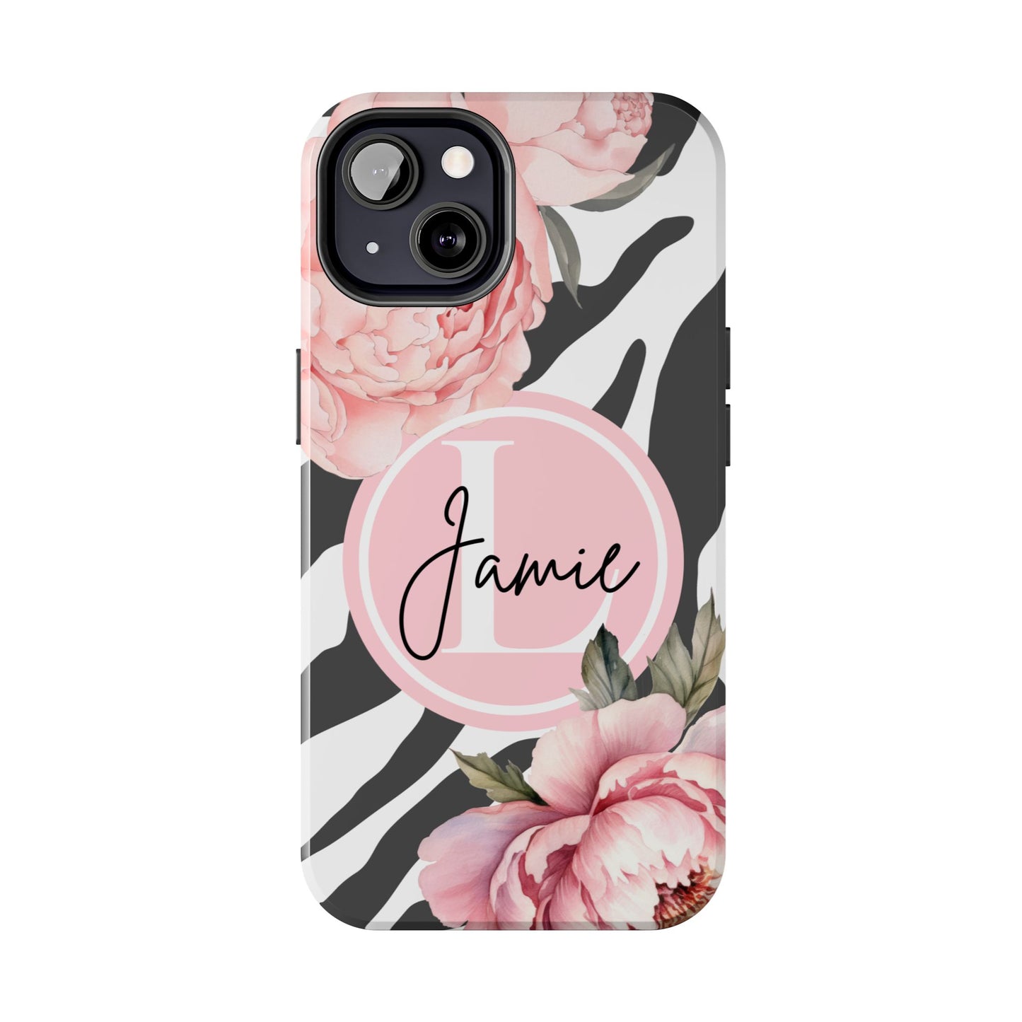Custom pink floral, zebra print personalized iPhone case. Compatible with iPhone models 11, 12, 13, 14, 15 including all mini, plus, pro & pro max