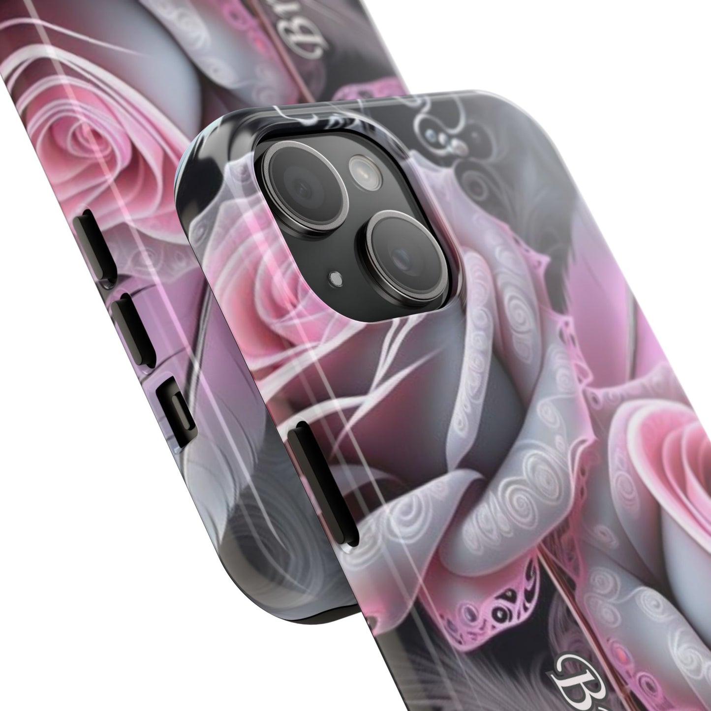 Custom pink & grey rose personalized iPhone case. Compatible with iPhone models 11, 12, 13, 14, 15 including all mini, plus, pro & pro max