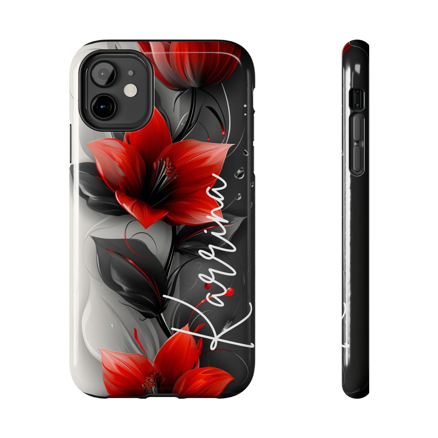 Beautiful red & black floral personalized name iPhone case. Compatible with iPhone models 11-15 including all mini, plus, pro & pro max. Custom phone case for smartphones. design for Girls, Woman