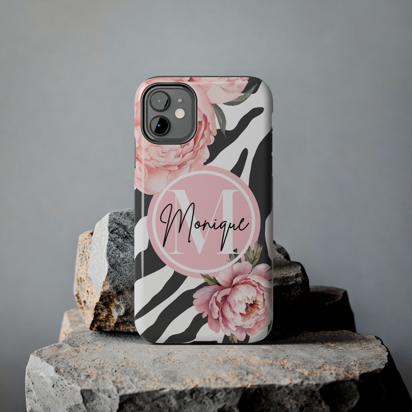 Custom pink floral, zebra print personalized iPhone case. Compatible with iPhone models 11, 12, 13, 14, 15 including all mini, plus, pro & pro max