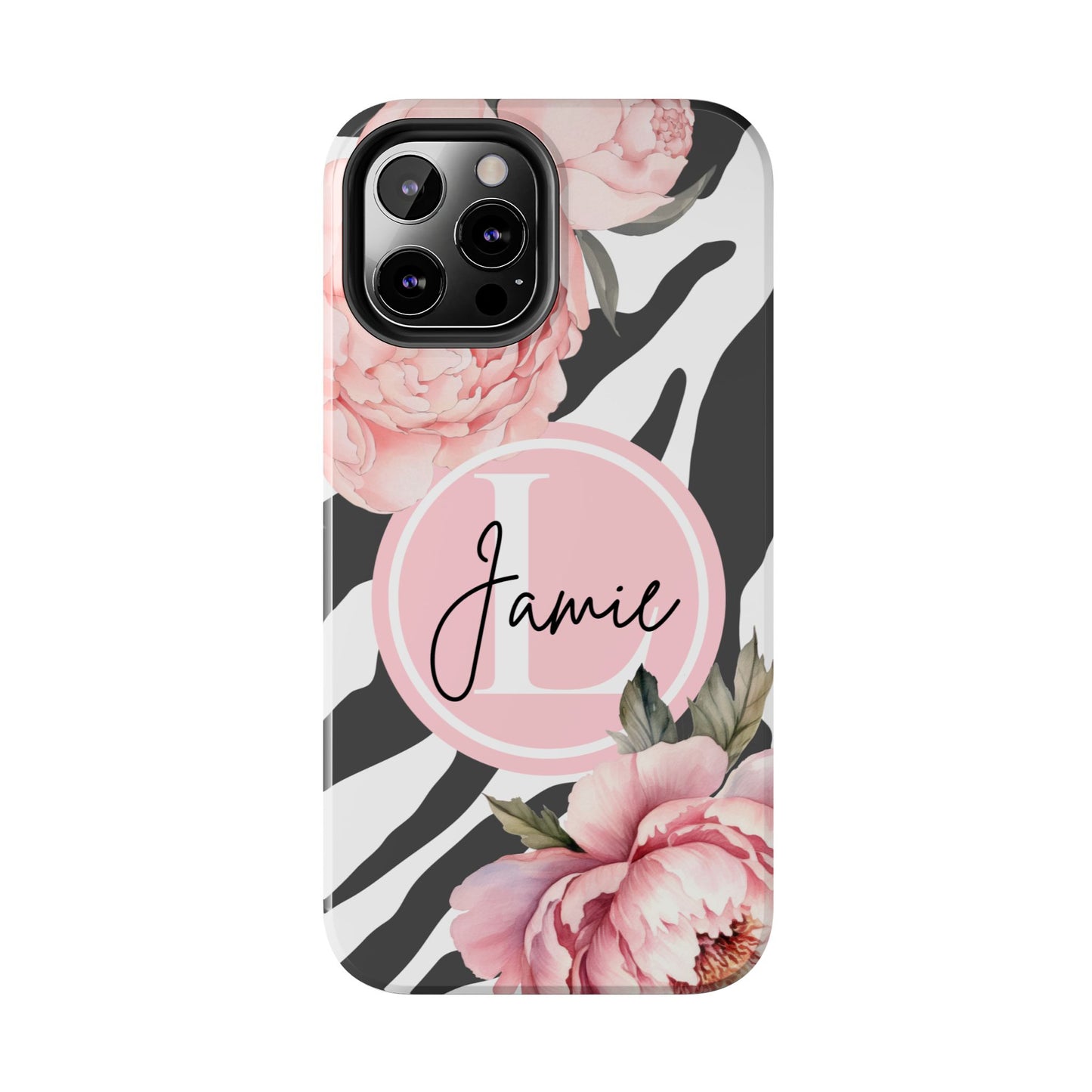 Custom pink floral, zebra print personalized iPhone case. Compatible with iPhone models 11, 12, 13, 14, 15 including all mini, plus, pro & pro max
