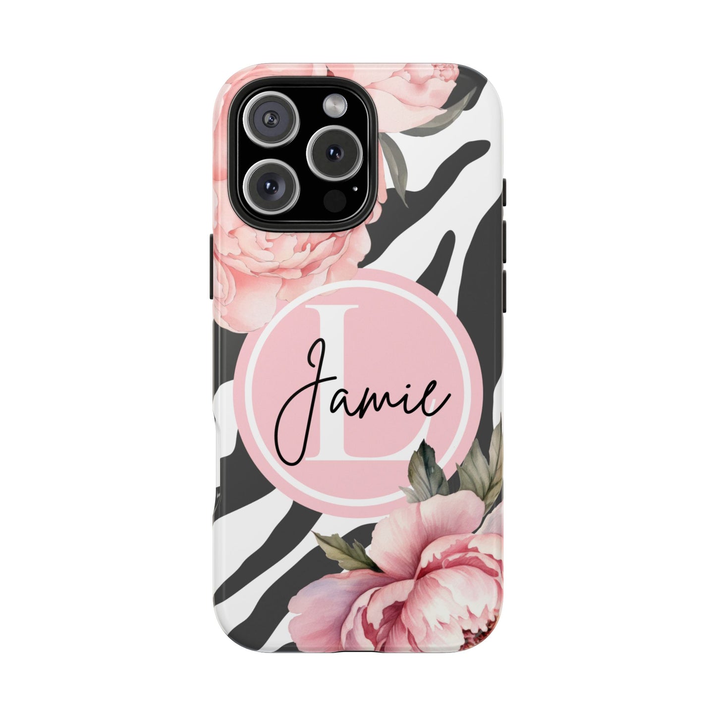Custom pink floral, zebra print personalized iPhone case. Compatible with iPhone models 11, 12, 13, 14, 15 including all mini, plus, pro & pro max