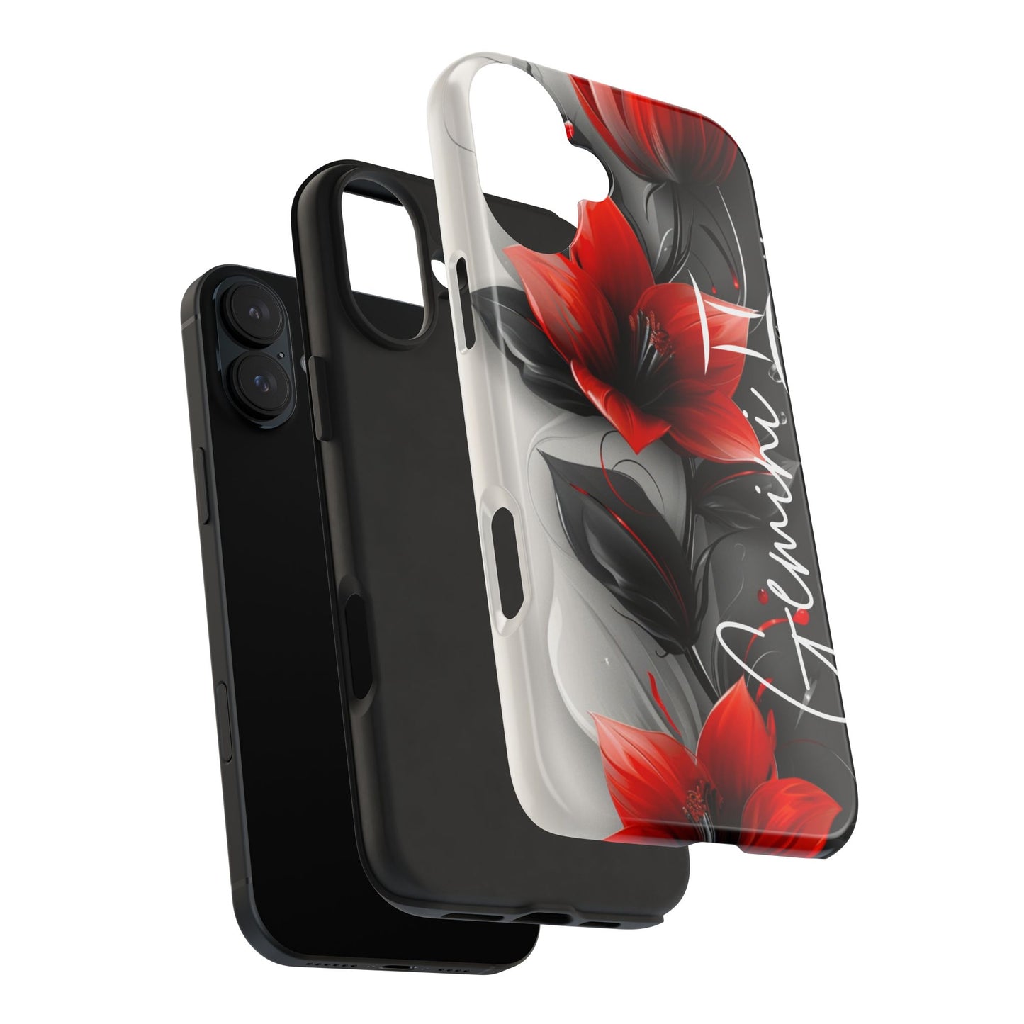 Beautiful red & black floral personalized name Phone case. Compatible with iPhone models 11-16