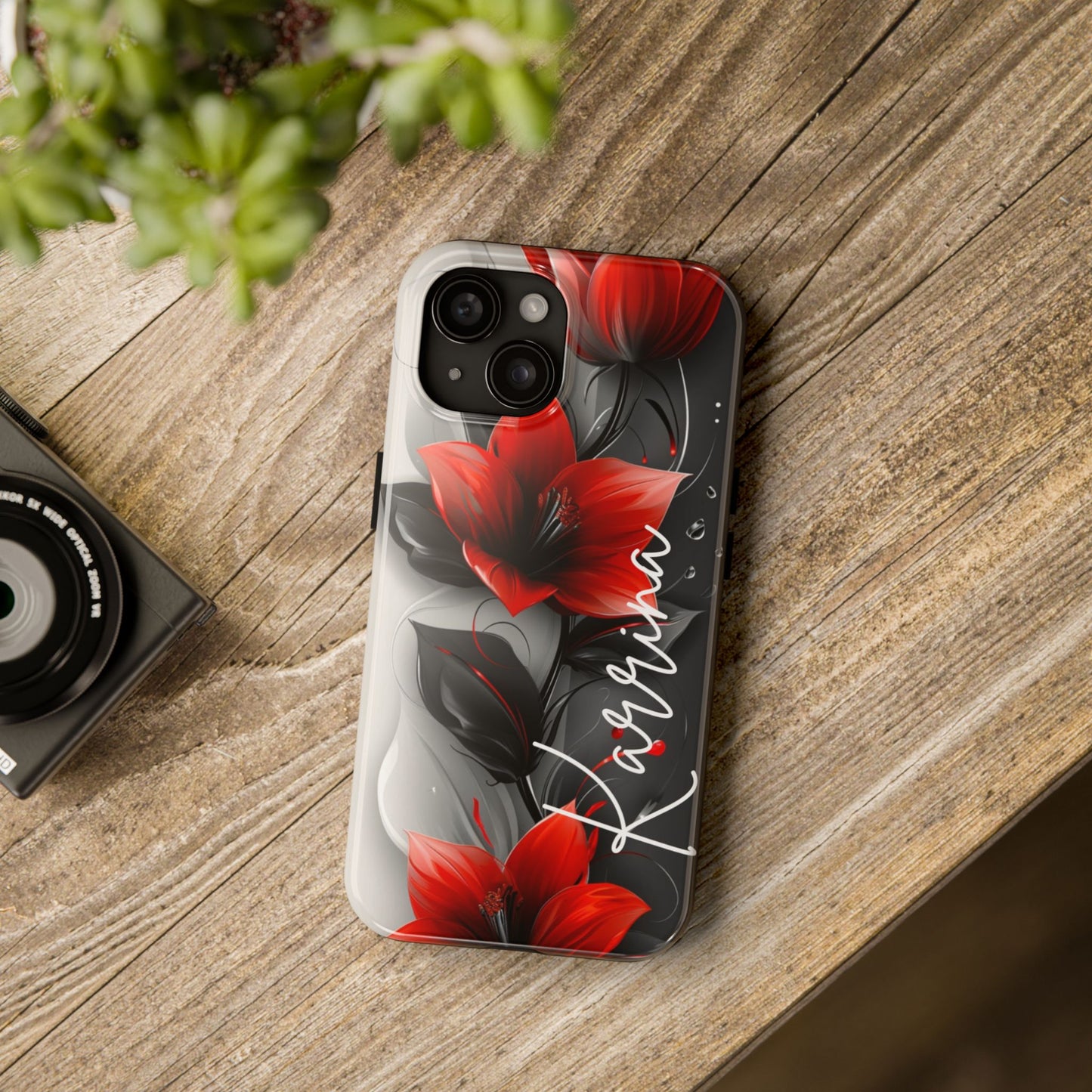 Beautiful red & black floral personalized name iPhone case. Compatible with iPhone models 11-15 including all mini, plus, pro & pro max. Custom phone case for smartphones. design for Girls, Woman