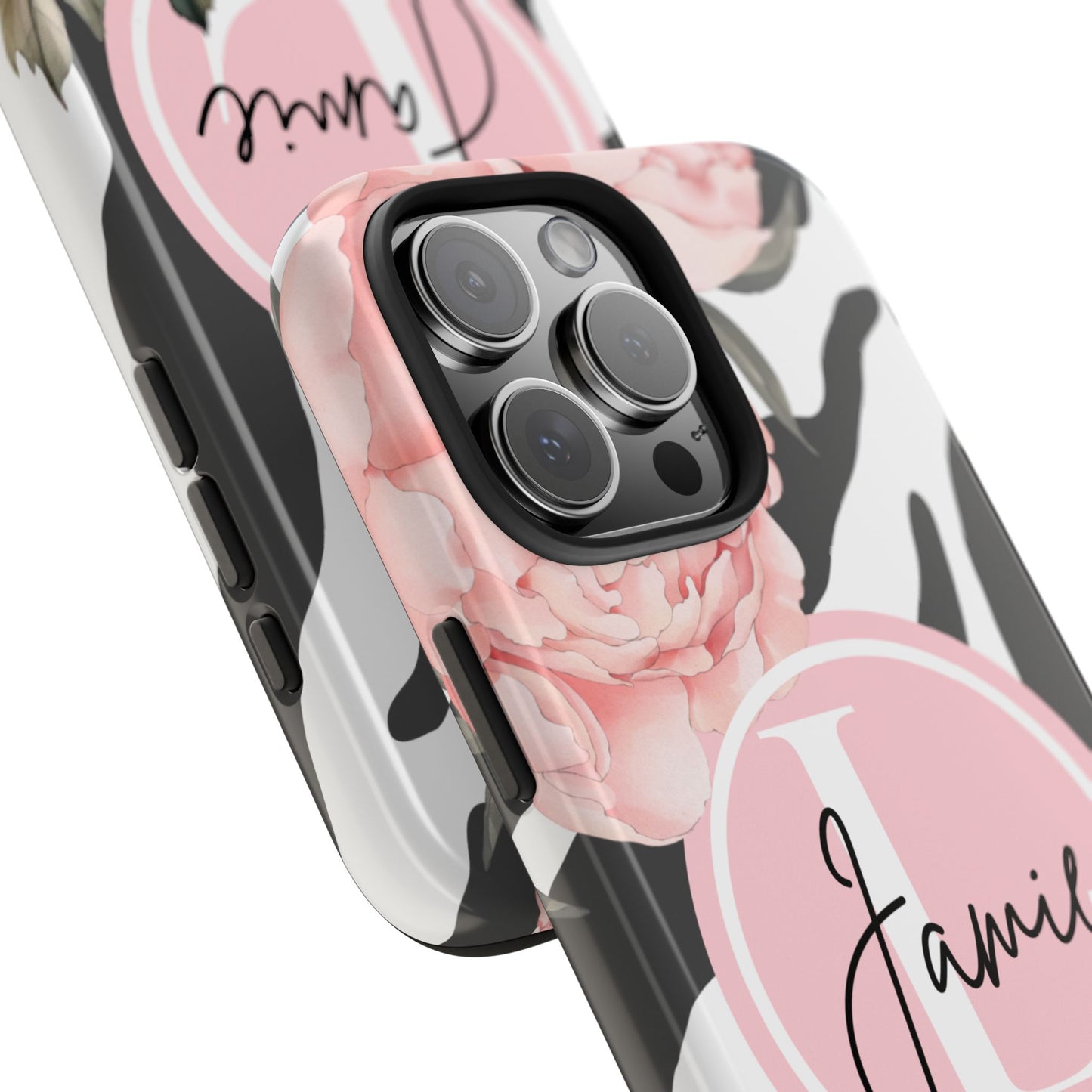 Custom pink floral, zebra print personalized iPhone case. Compatible with iPhone models 11, 12, 13, 14, 15 including all mini, plus, pro & pro max