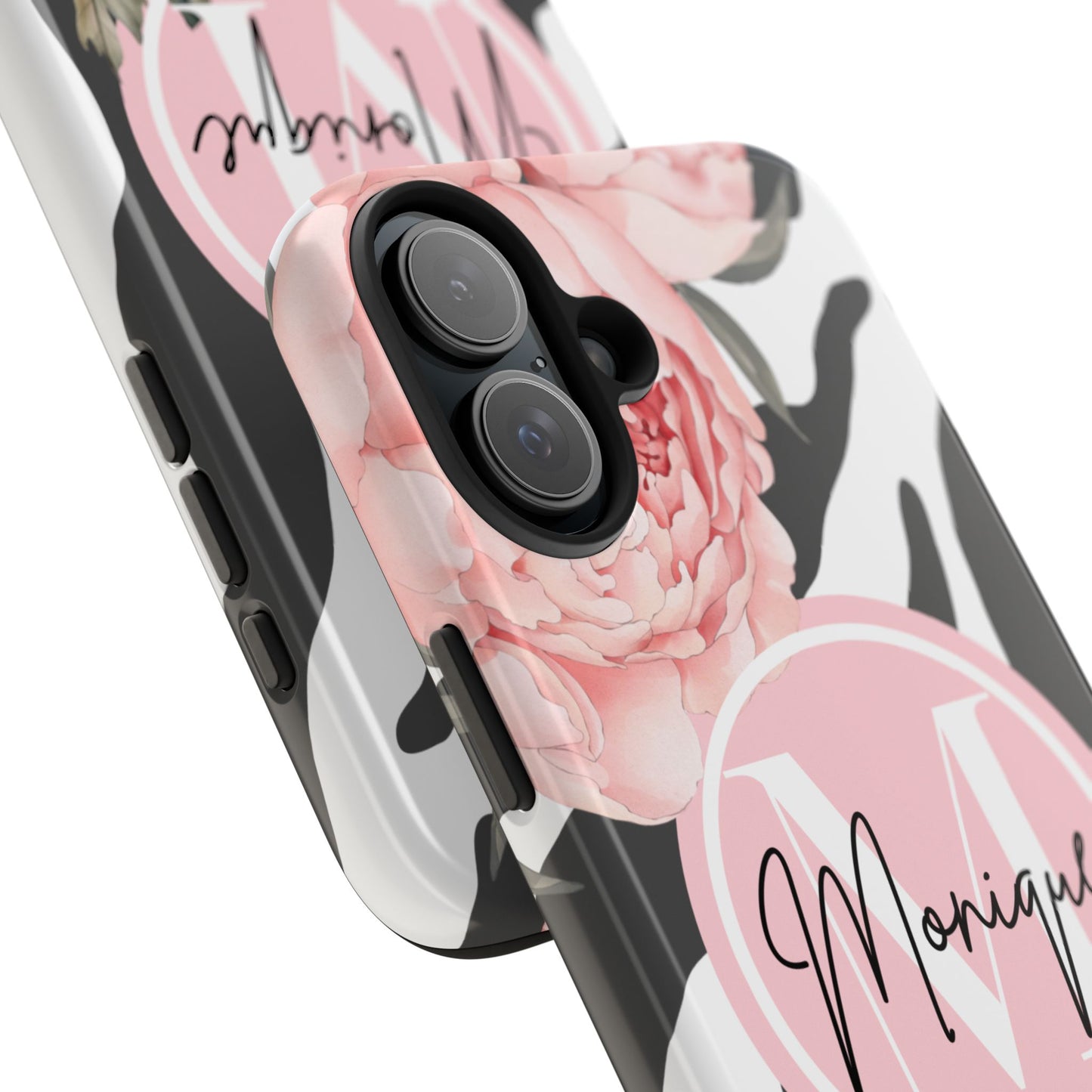 Custom pink floral, zebra print personalized iPhone case. Compatible with iPhone models 11, 12, 13, 14, 15 including all mini, plus, pro & pro max