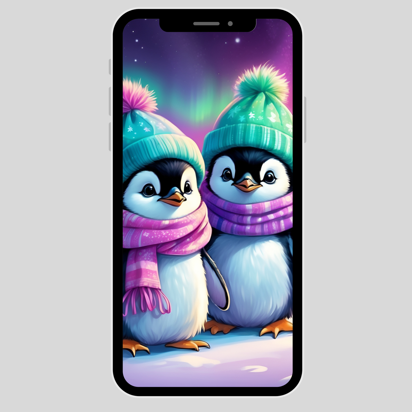 IPhone wallpaper/ northern lights penguins/ instant download