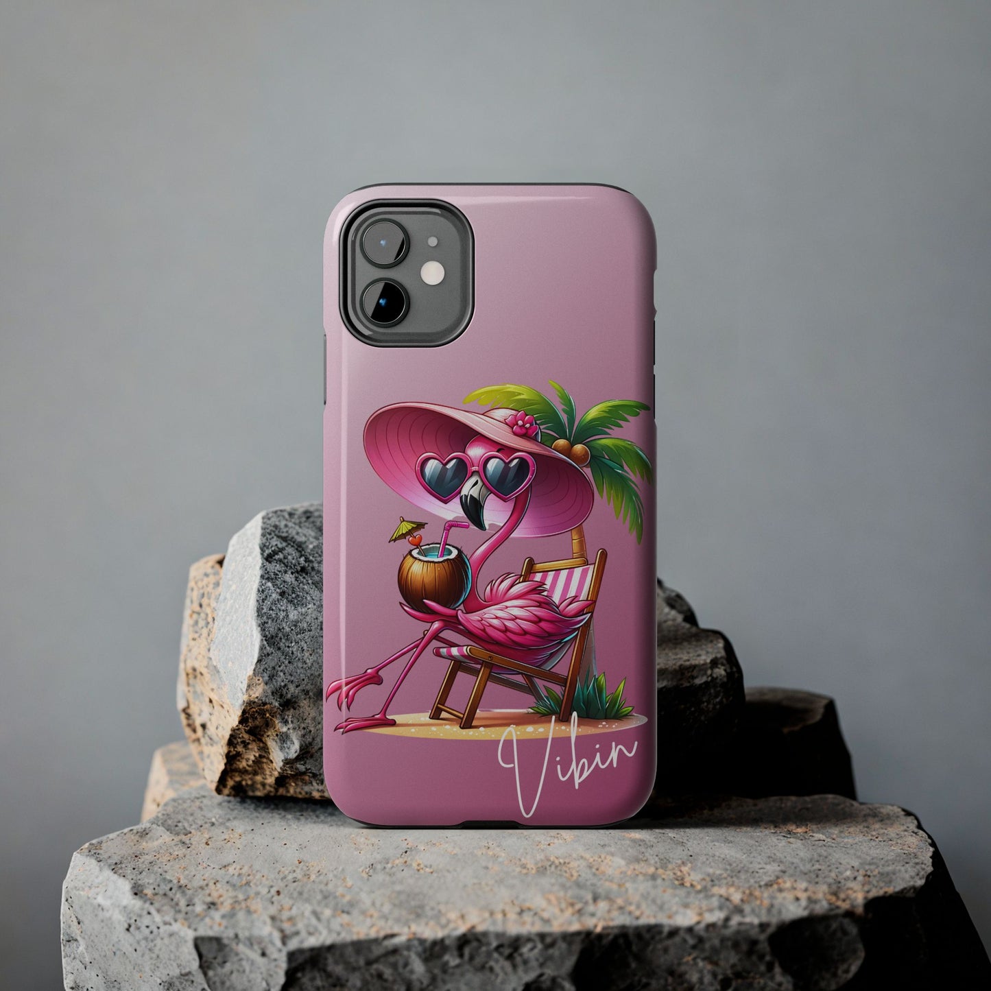 Pink flamingo summer aesthetics iPhone case. Compatible with iPhone models 11-16. Custom phone case for smartphones. design for Girls, Woman