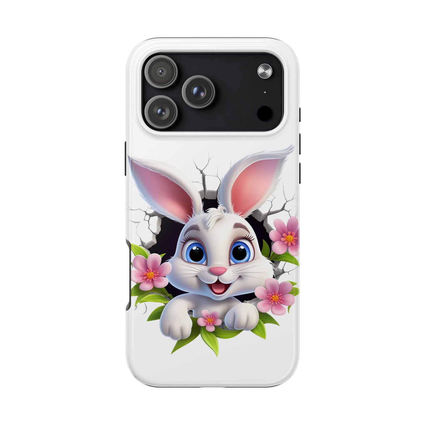 Phone case with a cartoon rabbit design on a white background