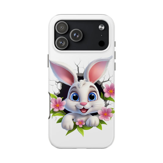 Phone case with a cartoon rabbit design on a white background