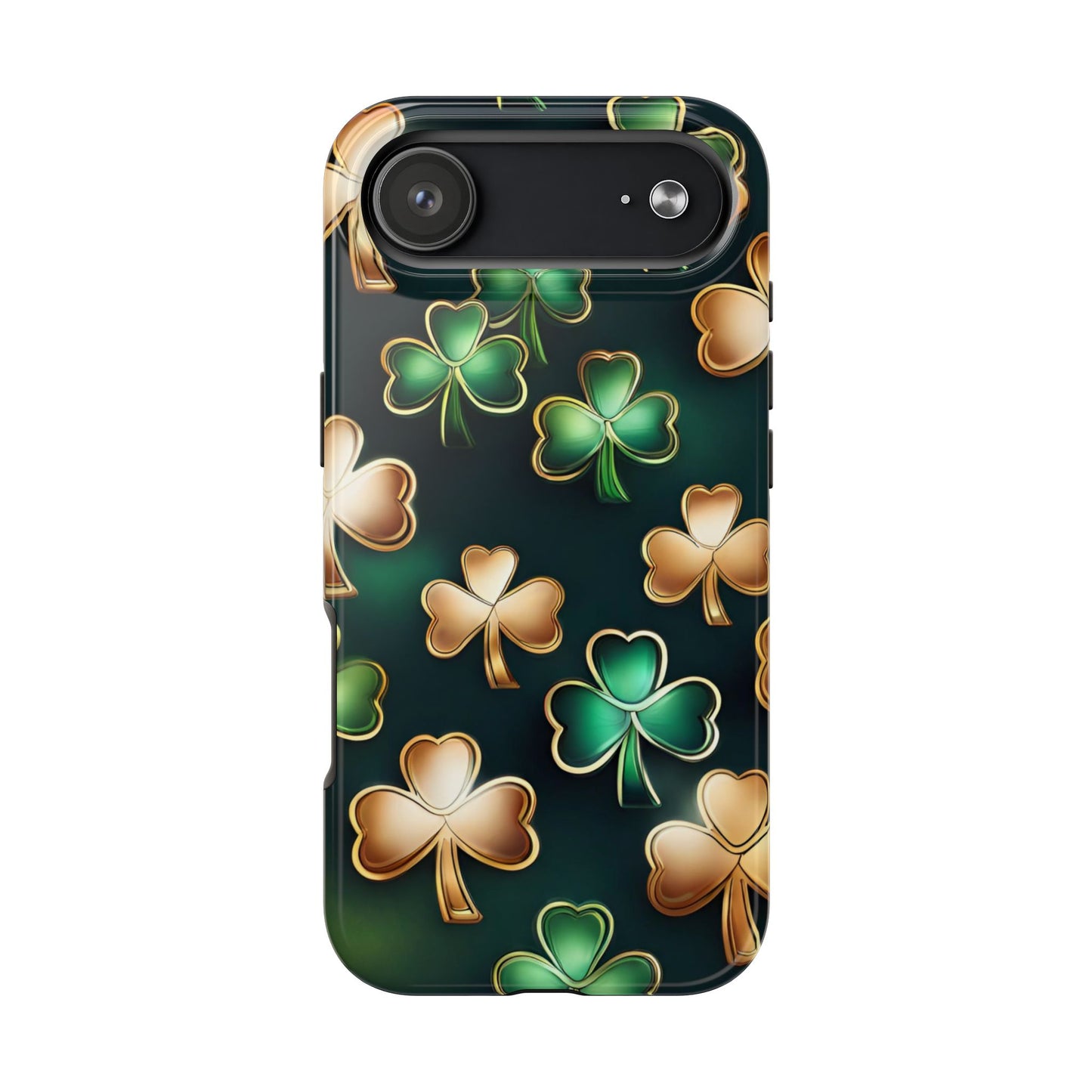Phone case with green and gold shamrock pattern on a green background
