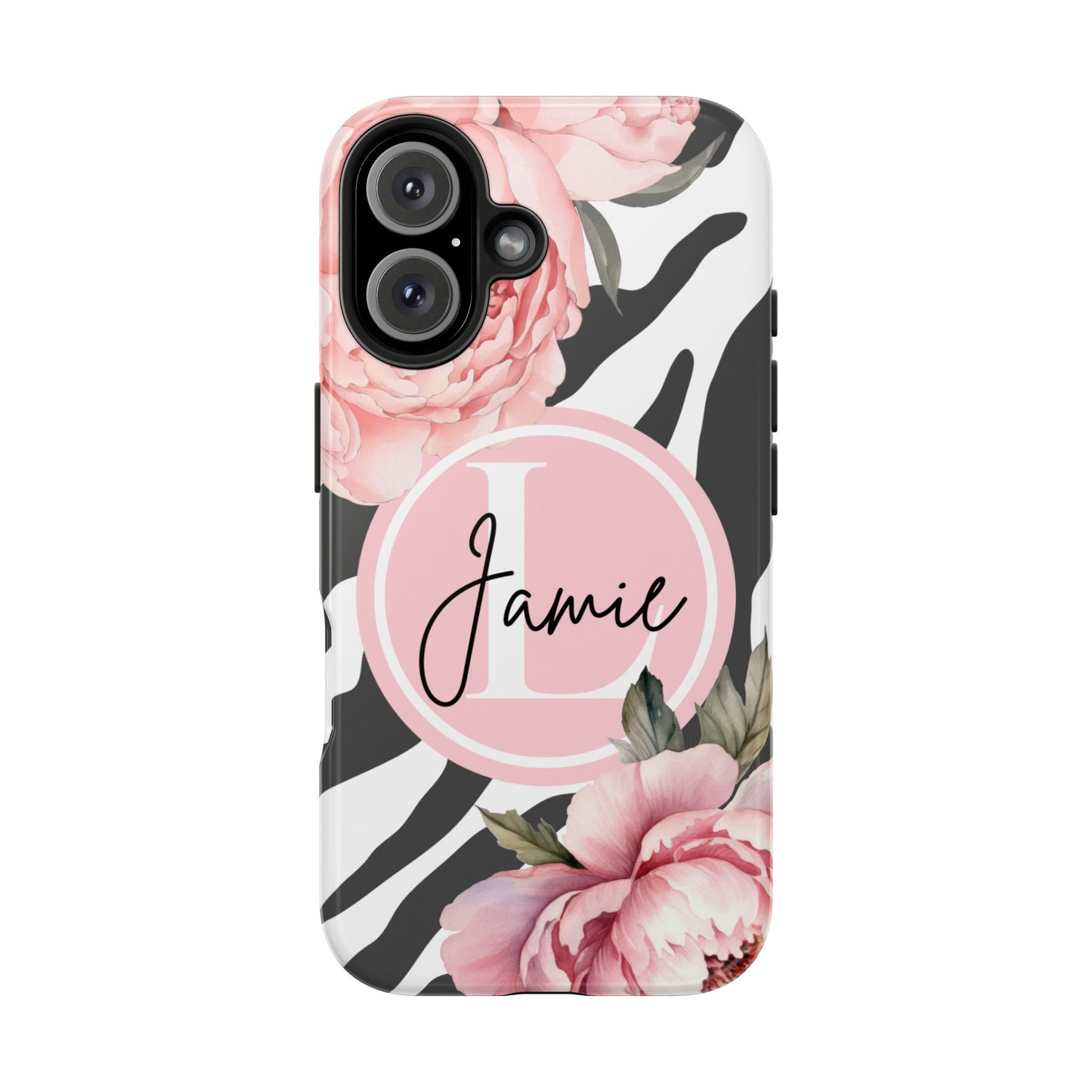 Custom pink floral, zebra print personalized iPhone case. Compatible with iPhone models 11, 12, 13, 14, 15 including all mini, plus, pro & pro max