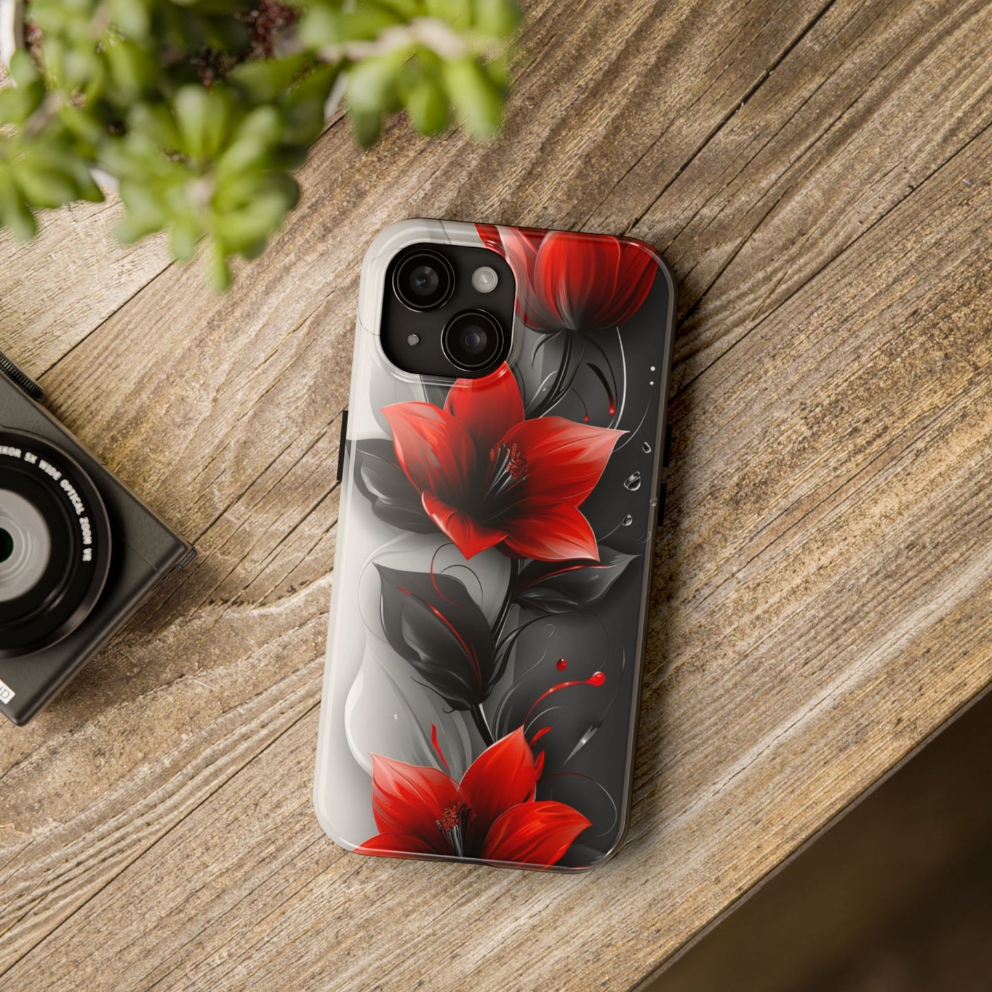 Red & black floral iPhone Cover, flower Accessory, Cute Phone Protector, seasonal Tech