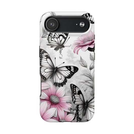 Phone case with black and white butterfly and pink flower design on a white background
