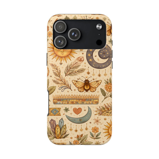Phone case with nature-themed design featuring sun, moon, butterfly, and crystals on a beige background.