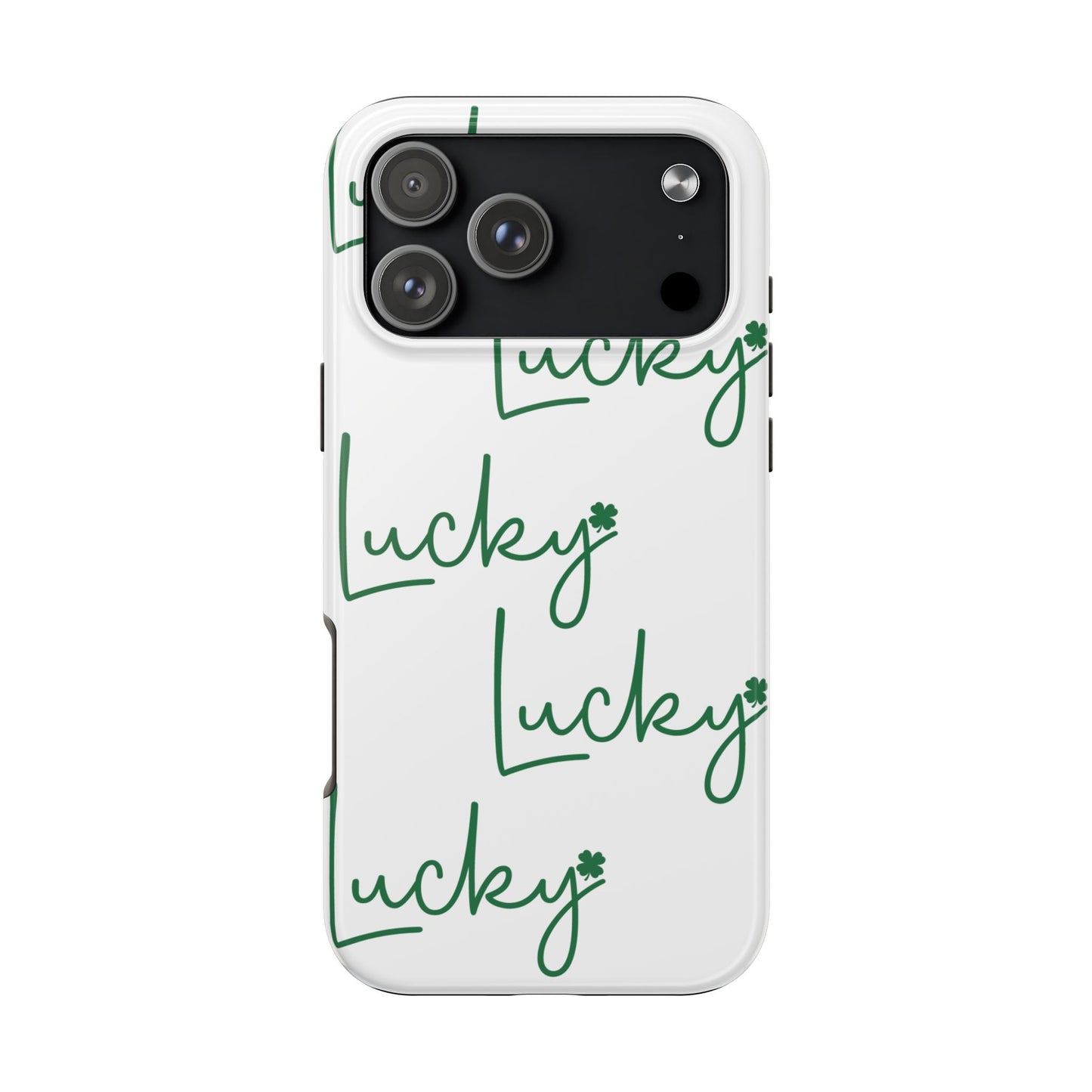 Phone case with 'Lucky' text in green on a white background