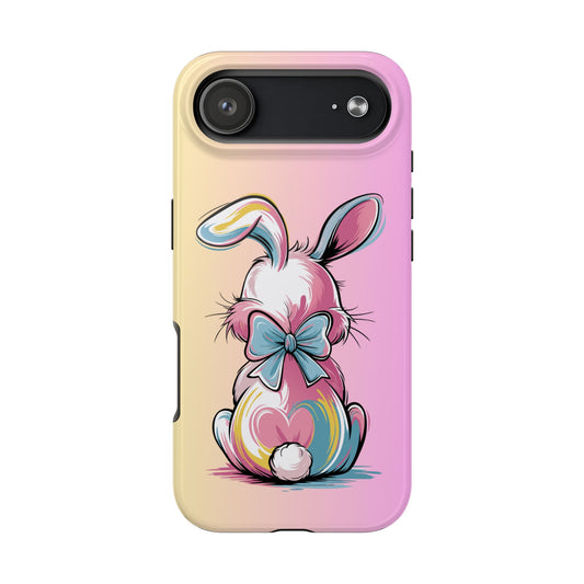 Phone case with a colorful bunny design on a gradient background