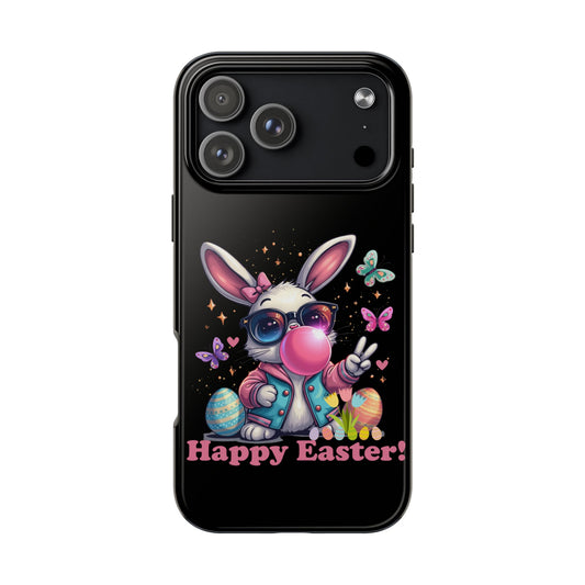 Phone case with a cartoon bunny wearing sunglasses and a jacket, blowing bubble gum, and the text 'Happy Easter!' on a black background.