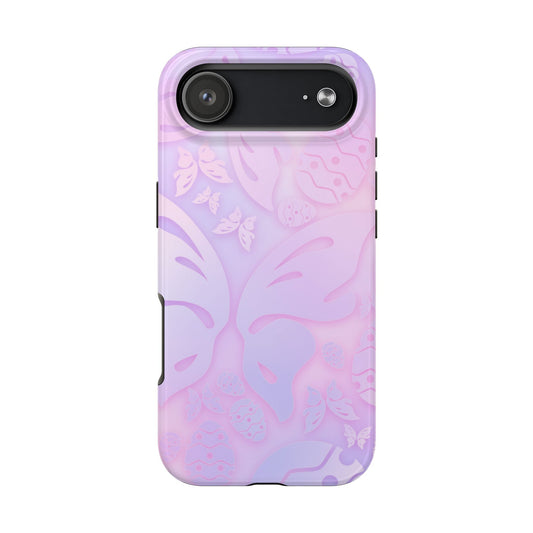 Phone case with a pink and purple floral pattern on a white background