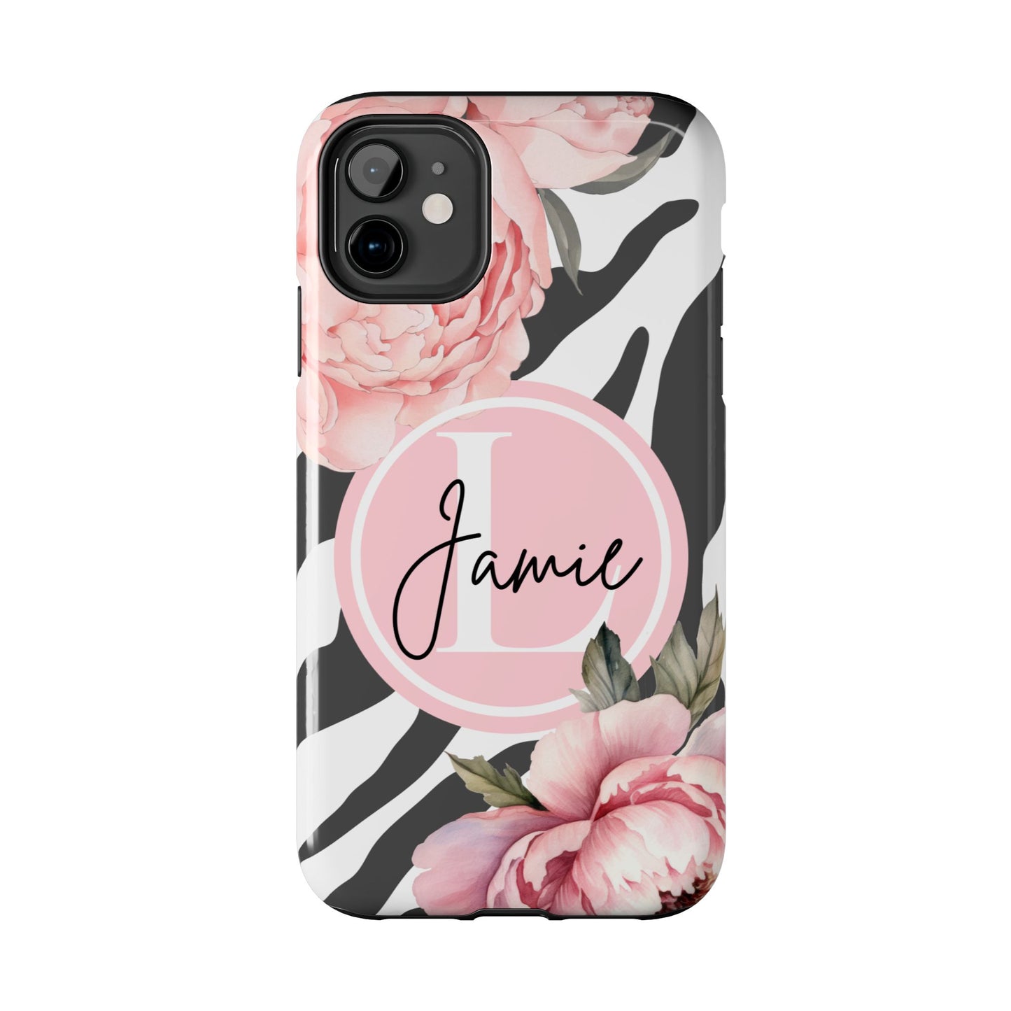 Custom pink floral, zebra print personalized iPhone case. Compatible with iPhone models 11, 12, 13, 14, 15 including all mini, plus, pro & pro max