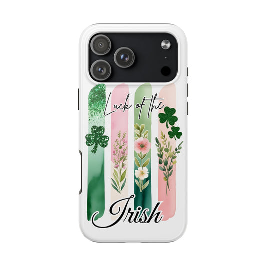 Phone case with floral design and 'Luck of the Irish' text on a white background