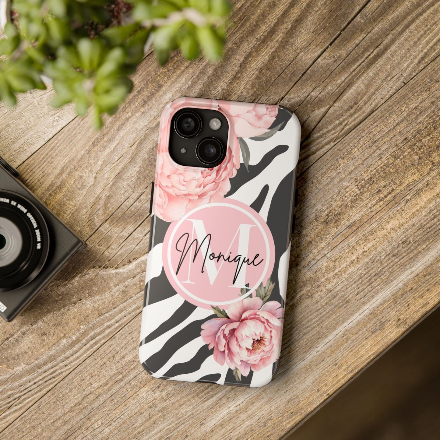Custom pink floral, zebra print personalized iPhone case. Compatible with iPhone models 11, 12, 13, 14, 15 including all mini, plus, pro & pro max