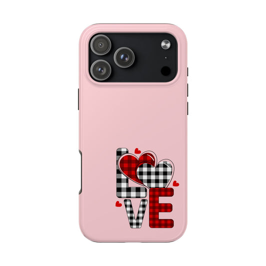 Phone case with checkered heart design and 'LOVE' text on a pink background