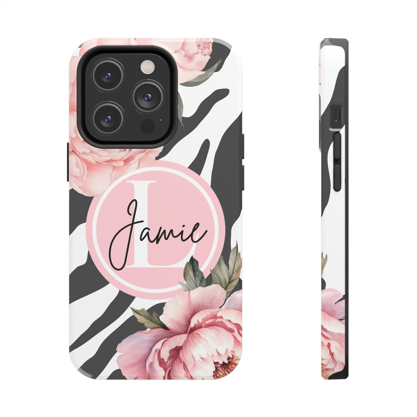 Custom pink floral, zebra print personalized iPhone case. Compatible with iPhone models 11, 12, 13, 14, 15 including all mini, plus, pro & pro max