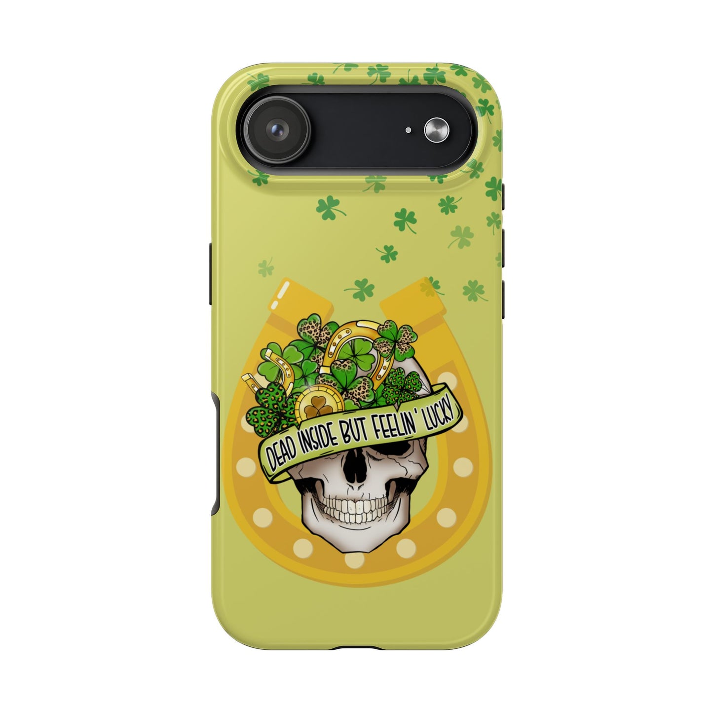 Phone case with a skull design and shamrock pattern on a yellow background