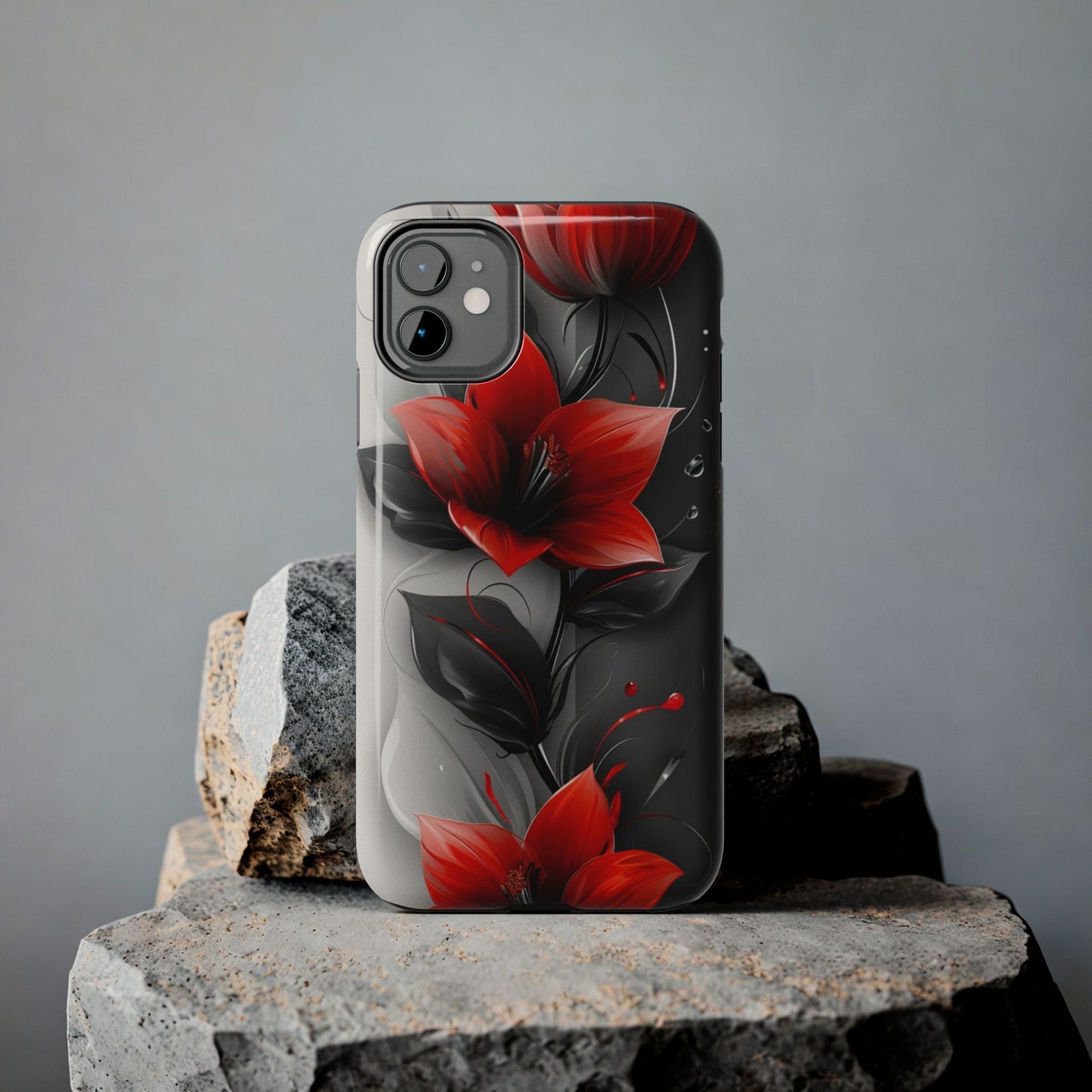 Red & black floral iPhone Cover, flower Accessory, Cute Phone Protector, seasonal Tech