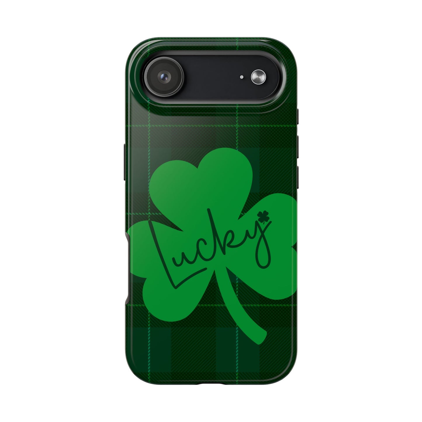 Phone case with green shamrock and 'lucky' text on a plaid pattern